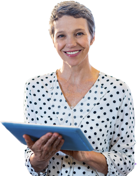 Elderly woman is holding the tablet and smiling